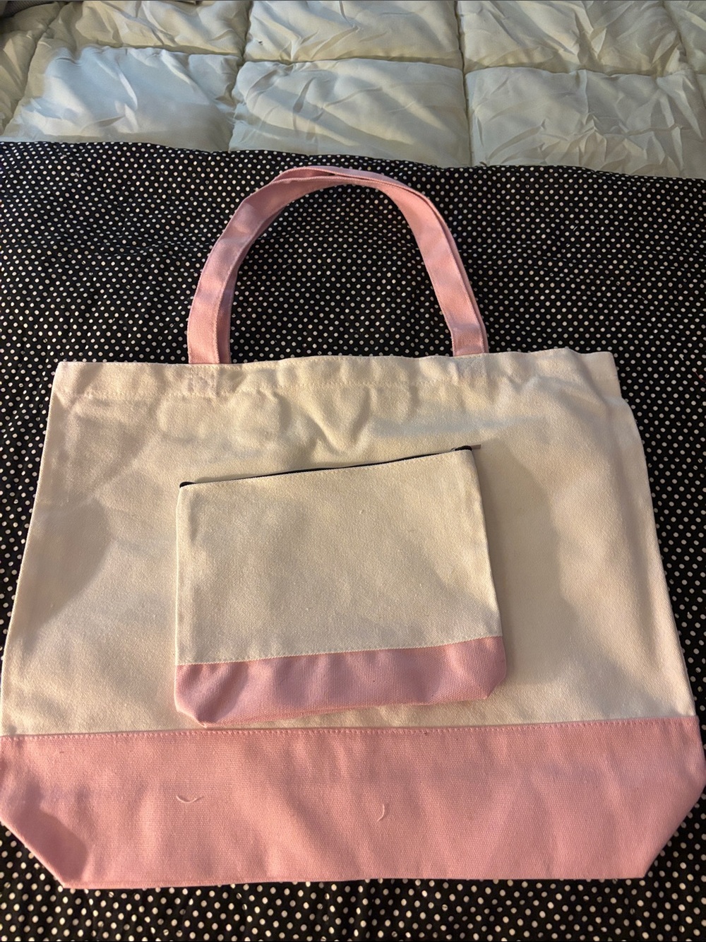 Canvas Two-Tone Pastel Pink & White Tote with Matching Pouch
